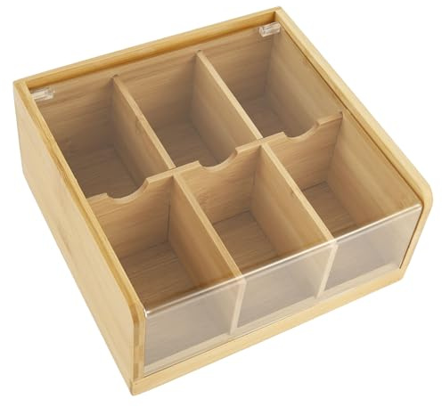 Bamboo Tea Bag Organizer, 6 Compartments Tea Chest Box with Acrylic Transparent Hinged Lid, 8.66x8.19x3.94 Inches Tea Bag Holder Drawer, Light and Elegant for Coffee Station and Sweeteners Packets