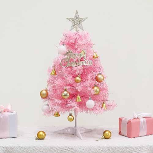 60 cm künstlicher Weihnachtsbaum, Kleiner rosa Weihnachtsbaum, Mini-Schreibtisch Weihnachtsdekoration Set, geeignet für Schreibtisch, Schlafzimmer, Kamin und andere Festliche rosa Dekoration