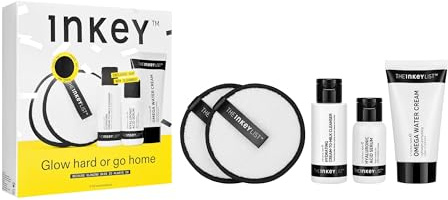 INKEY List Glow Hard or Go Home Gift Set, Includes 2 Cleansing Pads, Hydrating Cream-to-Milk Cleanser, Hyaluronic Acid Serum, Omega Water Cream, Skincare Trio for Glowing Skin