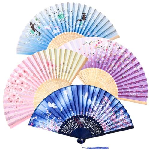 GWHOLE 4 Pcs Hand Fan Folding for Women,Fabric Spanish Folding Fan | Floral Bamboo Handheld Fan, for Cooling Wedding Gifts Hen Party and Rave Trave,Foldable,Manual