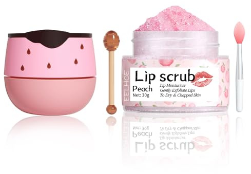 VolksRose Dúo de Cuidado Labial Frutal - Scrub de Melocotón y Mascarilla de Fresa con Palito de Miel y Pincel - Para Labios Secos, Agrietados y Líneas Finas