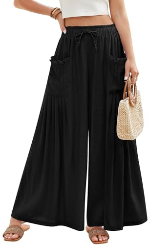 CMTOP Pantalon Femme Lin Été Fluide Elegant Décontractés Pantalons Taille Haute Élastique Pantalon Large Ample Léger Pantacourt Longueur Pants de Plage avec Poches (Noir, L)