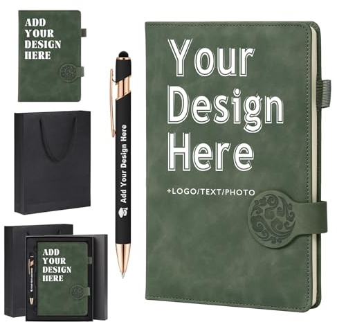 ENOMY Personalisiert PU Leder Journal Set mit Stift Geschenkbox A5 Hardcover Individuelles Notizbuch für täglichen Büro Business Einsatz Grün