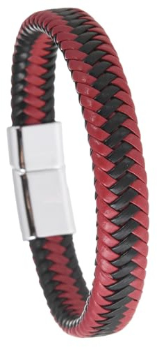 HUIANGLIYG Bracciale Da Uomo In Pelle Multistrato, Unisex, Intrecciato A Mano, Con Chiusura Magnetica, Braccialetti In Pelle Color Block, Per Papà, Fidanzato, Marito, Rosso-Nero, 21 Cm