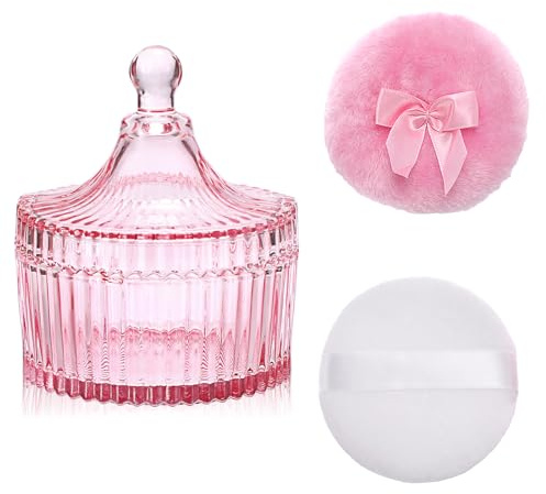OLegei Boite à Poudre Vide en verre Rose Contenant pour poudre libre, D10cm | poudrier avec 2 houppettes lavables et réutilisables, Pour femme, Outil de maquillage