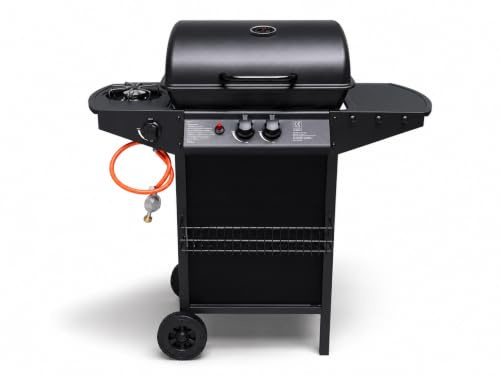 A.M.C. Barbecue A Gas Con Termometro Grill BBQ Portatile Con Fornello Laterale Ruote Acciaio Compatto Per Giardino Campeggio E Outdoor Alimentazione GPL Butano Propano Con Piano Appoggio Nero