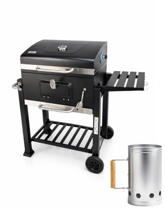 JARDIN202 - Barbacoa de Carbón Alabama Grande con Ruedas, Termómetro y Altura Ajustable | Parrilla Grill de Carbón con Carrito y Tapa | (Set BBQ + Encendedor)