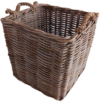 Cesto Vimini Rattan Porta Legna Cm 45x45x46 H con manici cm 49 H in Robusto Giunco Kubo con manici in corda Cesta Portalegna Porta Vaso