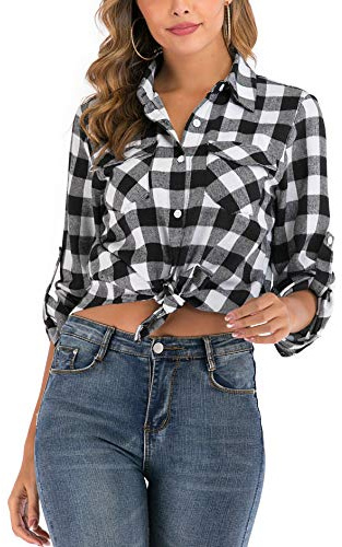 Enjoyoself 100% Cotone Donna Camicia a Quadri Flanella Blusa Casual Manica Lunga Capo Classico Shirts Tops