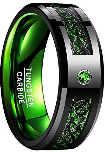 Vakki 8mm Schwarz + Grün Keltischer Drachen Ring Wolfram Ring für Herren mit Zirkon und Kohlefaser Liebhaber Größe 70(22.3)