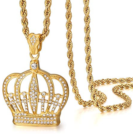 ROWIN&CO Iced Out Crown Pendant Necklace for Men Women 18K Gold Plated Stainless Steel Hip Hop Jewelry Chain 24, Includes Gift Box.
