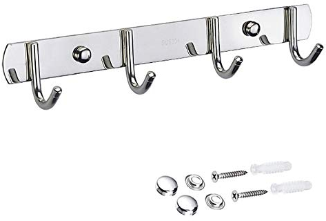 Grizef 4 Hooks 11inch SUS304 Stainless Steel Coat Hanger Clothes Rack Heavy Duty Clothes Hat Holder, Towel Coat Hook Rack Wall Mounted Rail Shelf for Coats, Hats, Scarves, Key