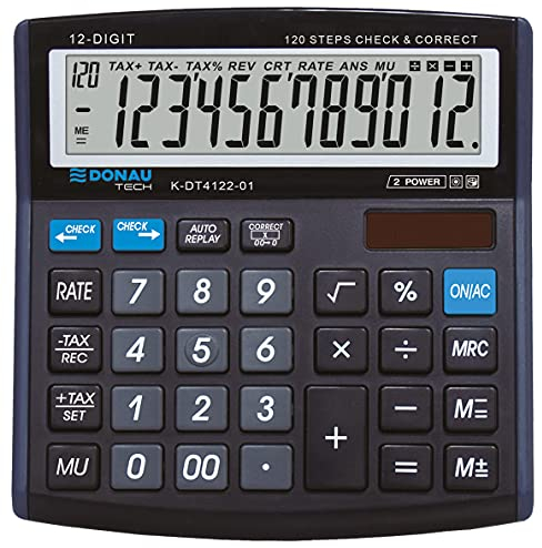 DONAU TECH Tischrechner / 12-Stellig Wurzelfunktion/ 13,6 x 13,4 x 2,8 cm/Schwarz/Rechner mit 12-stelliger Anzeige/Dual-Power Solar - Batteriebetrieb/Kompaktes Design