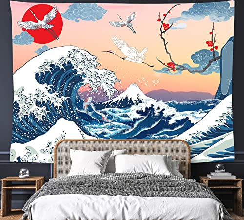 FREEHOTU Japanische Kanagawa Great Wave Tapisserie Mount Fuji Tapisserie 203.2x152.4 cm Kranich Kirschblüte Wandbehang Party Dekorationen Home Decor für Schlafzimmer Wohnzimmer Wohnheim (200x150 cm)