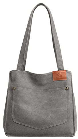 PB-SOAR Damen Vintage Canvas Schultertasche Shopper Handtasche Beuteltasche Freizeittasche (Grau)