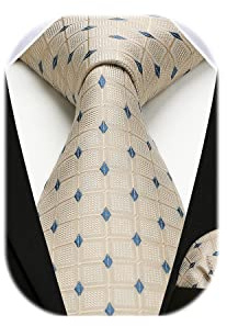 HISDERN Corbata a cuadros para hombre con pañuelo tejido Clásico para hombre Corbata beige y juego de pañuelo de bolsillo