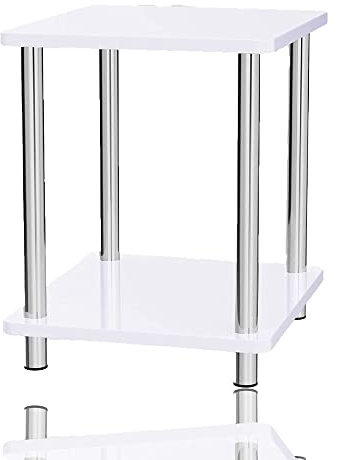 PaMeer Beautiful Norsk Small Side Table With Stainless Steel Legs Side Table Coffee Table 2 Tier White Gloss Finish Storage Unit End Table Ideal For Living Room, Bedroom, Office W34 x D29 x H41cm