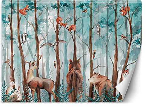 Feeby Papier Peint Intissé Animaux Forêt 400x280 cm multicolore XXL Moderne Décoration Murale Tableaux Muraux Tapisserie Salon Chambre à coucher abstrait pour les enfants