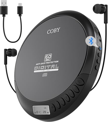 Coby Portable Bluetooth CD Player with FM Radio & Headphones, Rechargeable Anti-Skip Discman with MP3 Playback, AUX Input, Super Bass, Compact Retro Music Player for Home, Car, and Travel – Black
