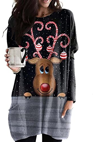 YMING Frauen Lose Rundhalsausschnitt Pullover Langarm Bluse Weihnachten Sweatshirts Elch Schwarz Grau XXL