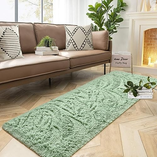 DweIke Fluffy Sage Green Runner Rugs for Bedroom, 2x6 Feet Soft Plush Long Runners for Girls Boys Kids, Non-Slip and Machine Washable Bedside Rug, Small Throw Carpet for Hallway Rooms Decor