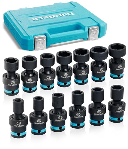 DURATECH 1/2 Drive Impact Swivel Socket Set, 13-Piece Shallow Wobble Sockets, Universal Joint Socket Set Metric, Cr-Mo Steel, 6 Point, Organized in Sturdy Storage Case(10-24mm)