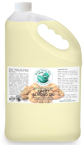 Organic Sweet Almond Oil – 1 Gallon, Deep Hydration, Nourishing, Light & Absorbent, Rich in Vitamins, Non-Greasy. Bella Terra Oils
