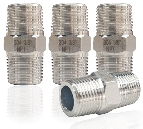 ZOUNI Hex Nipple 3/8 Male x 3/8 Male Pipe Fittings, 304 Stainless Steel 3/8 inch NPT Male Threaded Pipe Adapter Fittings Equal Nipples Connectors, Male Straight Connector Pipe Fitting