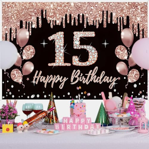 15. Geburtstag Dekoration für Mädchen, Party Dekoration Schwarz und Roségold Stoffschild Hängeposter, 15. Geburtstag Hintergrund Banner Party Willkommensschild