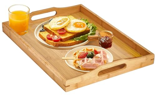 Yvttve Bandeja de Bambú para Servir con Asas, Bandeja Madera Rectangular, Bandeja de Cocina para Desayuno, Comida, Té, Mesa de Café (42 × 32 CM)