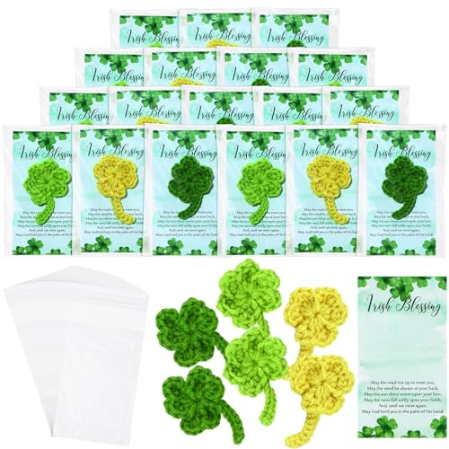 Mindsoft 60 Sets St. Patrick's Day Gifts Bulk Handmade Crochet Shamrock with Irish Blessing Cards Christian Ireland Themed Gifts Irish Party Favor for Coworkers Office Friend Kids Family Classroom