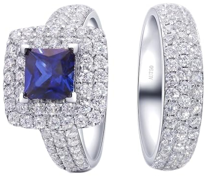 Whoiy Ehering Gold 585, 1.2ct Laborgezüchteter Saphir Hochzeit Verlobungsringe Damen Halo 2Pcs Set Echt 14 Karat Weißgold Trauring für Frauen Gr 49 (15.6)
