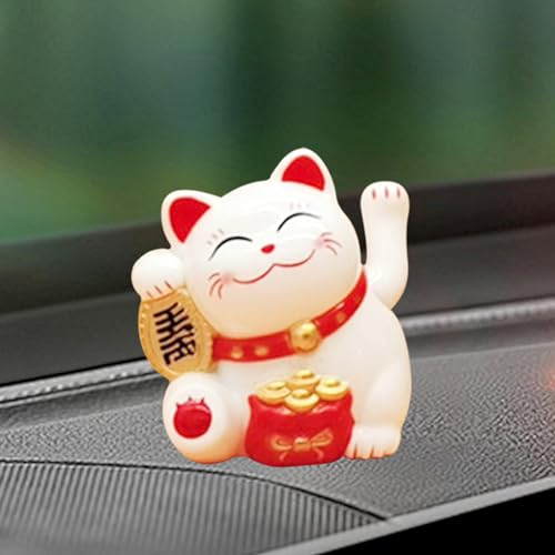 Recitem Auto Solar Winken Händen Glückliche Katze, Lucky Cat Solar Wackelfiguren Tanzende Winkekatze, Solarfigur Statue Auto Armaturenbrett Ornamente, Wackelfigur für Auto Haus Oder Büro (1 Weiß)