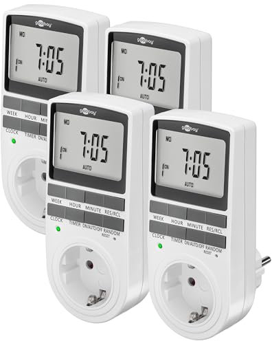 goobay - Lot de 4 minuteries numériques avec 16 programmes - Prise avec Mode aléatoire pour Protection Anti-effraction - Minuterie avec Batterie de Secours de 100 Jours - 3680 W - 230 V (AC) - 16 A -