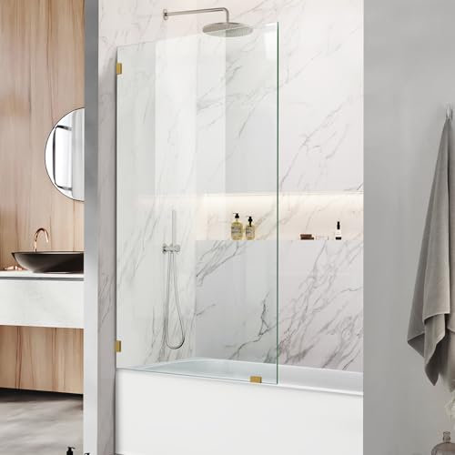 34 W x 58 H Frameless Single Fixed Bath Panel, Fixed Bathtub Screen with Clamps, 1/4 Clear Glass, Bathroom Shower Door Screen Fixed Tub Shower Glass Door Panel in Brushed Gold