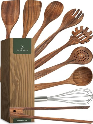 WALDWERK Set di utensili da cucina in legno – 9 pezzi con pinza da griglia, frusta, spatola, cucchiaio e mestolo per pasta – Utensili cucina