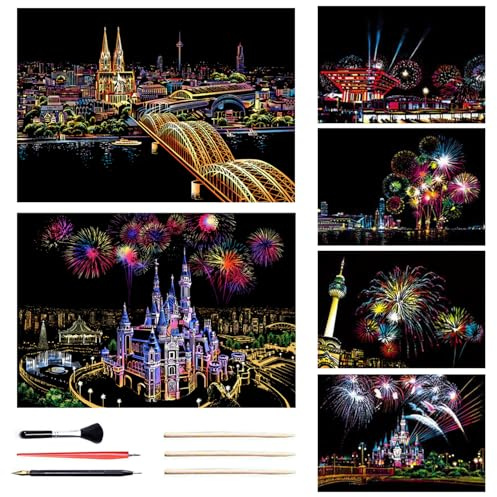 Georgie Porgy Kratzbilder Set DIY Bastelsets für Kinder Erwachsene Magic Rainbow A3 Kratzpapier Postkarten für Weihnachten Geburtstagsgeschenk mit Kratzwerkzeuge Kit (A3-Kölner Dom+Traumschloss)