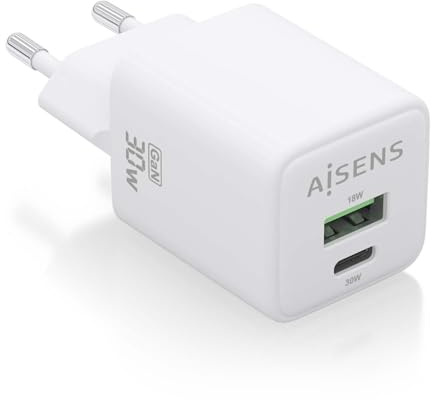 CARGADOR AISENS GAN 30W 1XUSB-C PD3.0 QC4.0 1XUSB-A QC3.0 BLANCO