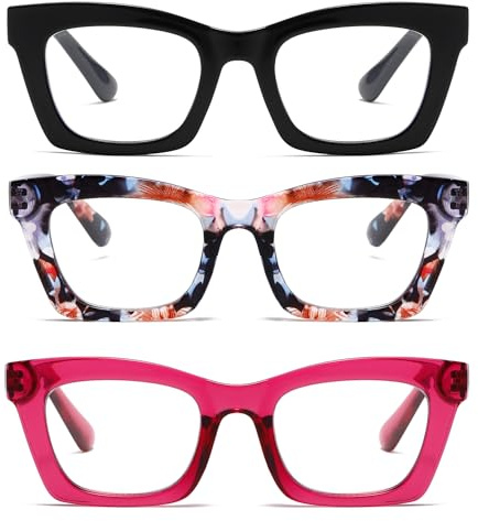 Hubeye Gafas de lectura para Mujeres de Moda Anteojos de lectura con Bisagra de resorte ultraligeras anti luz azul (Negro+Flor+Rosa, 1.50)