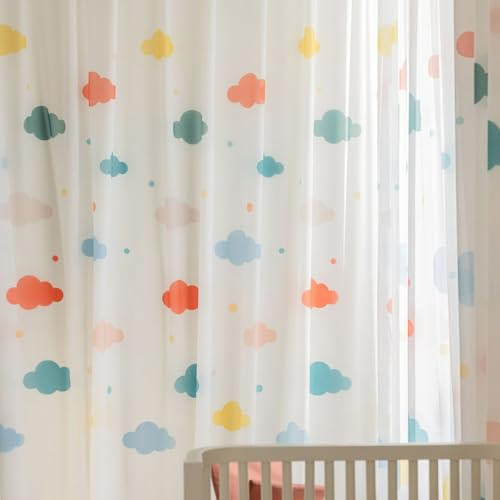 Lsimeru Regenbogen Wolken Vorhang Transparent Kinderzimmer Mädchen Ösen 2 Stück Gardinen Durchlässig Ösenschal Ösenvorhang für Schlafzimmer Wohnzimmer