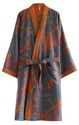 Camicia da notte tradizionale Hanfu in cotone con doppia garza, lunghezza media, con stampa con cintura e cravatta, pigiama ampio, comodo camicia da notte per sudore, yukata sauna a vapore,