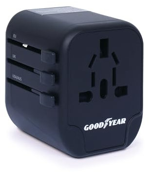 Goodyear Adattatore Universale da Viaggio USA/EU/UK/AUS/CN, 2 Porte USB, Adattatore di Alimentazione 2.4A 100V-240V 880W-1840W, Compatibile a 8 Diverse Spine di Alimentazione, Adatto a Oltre 180 Paesi