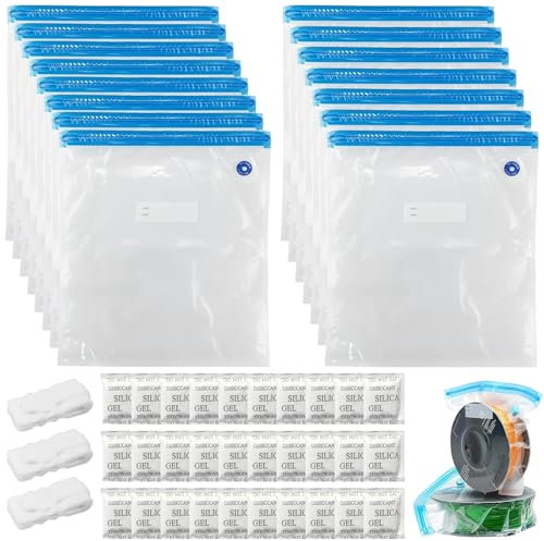 NINGYER 15 Pezzi Buste Sottovuoto Filamento 3D, con 30 Repellenti per L'umidità e 3 Clip Tenuta, Sacco a Vuoto Per PLA ABS PETG TPU Storage (34 x 30 cm)
