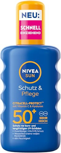 NIVEA SUN Schutz & Pflege Sonnenspray LSF 50+, wasserfestes Sonnencreme Spray mit Vitamin C & Hyaluron, schnell einziehender Sonnenschutz für 48h Feuchtigkeit (200 ml)