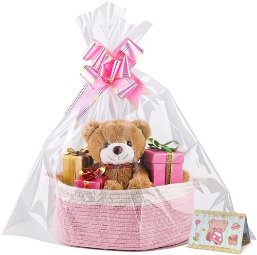 Small Woven Basket, 12 x 8 x 5 Gift Basket Empty with Ribbon and Gift Bag, Hamper Basket Kits for Baby Shower, Holiday Presents,Storage Basket with Handle for Nursery,Pet Toy Basket (White-Pink)