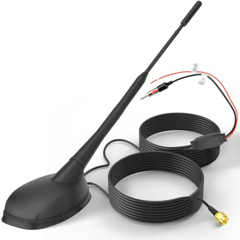 Eightwood FM GPS Antenne Auto Aktiv Autoantenne mit Verstärker FM/AM GPS Universal Dachantenne + 5M Verlängerungskabel SMA/DIN Stecker für Auto Radio Navigation Pioneer BP Clarion Alpine Digital Tuner