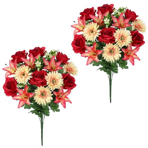 Hollyone 2er-Set Kunstblumen Grabgesteck Künstliche Friedhofsblumen für Grab Gedenkblumen mit Rot Rosen Lilie Gerbera Gestecke für Friedhöfe Künstlicher Blumenstrauß Seidenblumen Grabschmuck