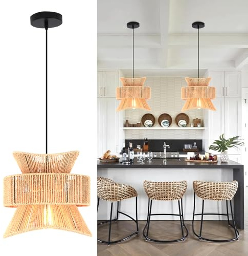 JIINOO Lampadario in Rattan Regolabile, Lampada a Soffitto Artigianale Intrecciato per Soffitti Spioventi, Stile Boho per Soggiorno, Camera, Cucina, Ingresso, E27