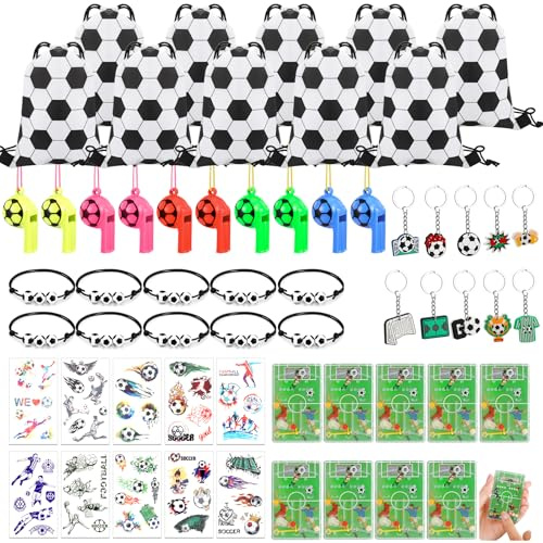 GSrenyu 60 Pcs Football Party Bags Fillers,Football Party Bags for Kids | Football Favors Set;with Keychains,Bracelets,Whistles,Tattoos Stickers;Soccer Party Supplies;for Boys Girls Birthday Gift