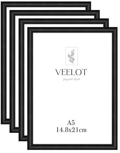 Veelot® 4x Bilderrahmen DIN A5 14,8x21cm | Metall Aluminium,Schwarz mat,Zertifikatsrahmen 15x21cm mit bruchsicherem Acrylglas | Zur Wandmontage oder Tischmontage